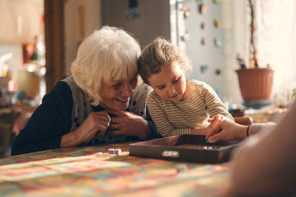 A grandmother and granddaughter playing a game together